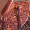Cow Boss Gullet - 7 -1/2H by 6 - 1/4W by 4, Horn - 3 by 3 inch Round Horn, 94 degree Quarter Horse bars,7/8ths full in skirt riggin, 16 - 1/4 inch seat Cheyenne Roll - 1 - 3/4 inch and decorated with Valleys' Sheridan floral tooling pattern dallied by Valleys' Vaquero Lace border.